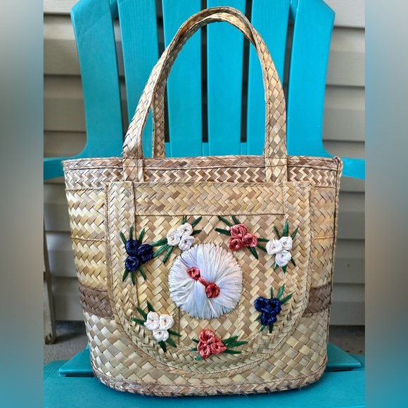 Handbags - Vintage Floral Raffia Straw Tote